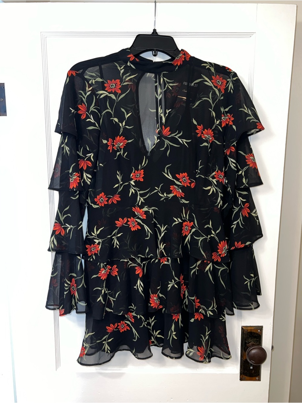 Forever 21 Floral Tiered Ruffle Black Dress with Red Flowers